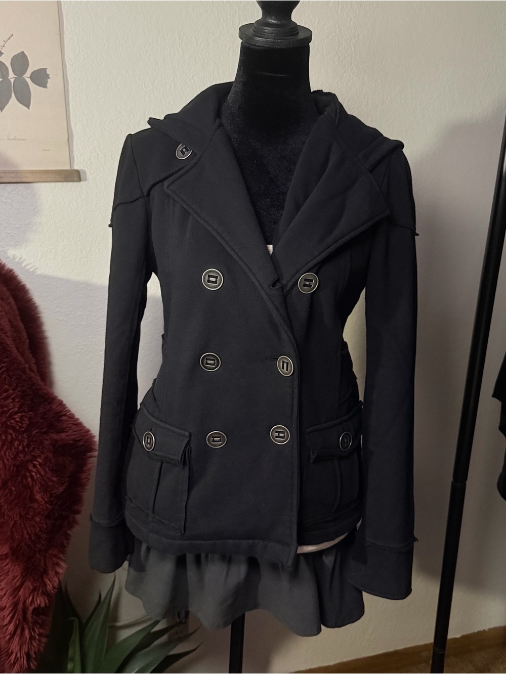 Black Double-Breasted Jacket with Hood